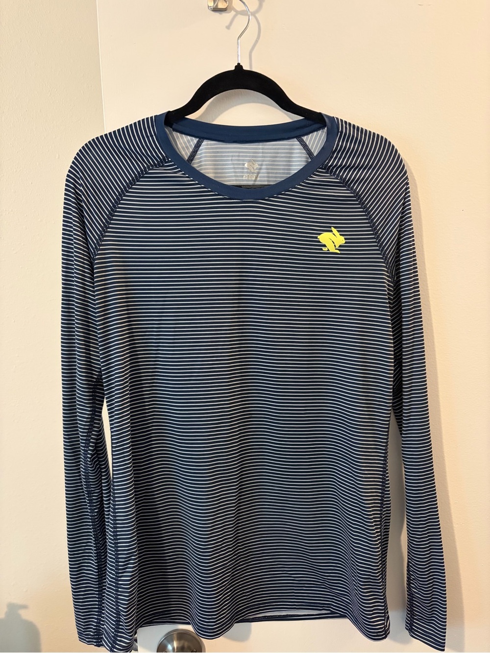 Striped Long-Sleeve Performance Tee in Navy and White with Yellow Logo Size L